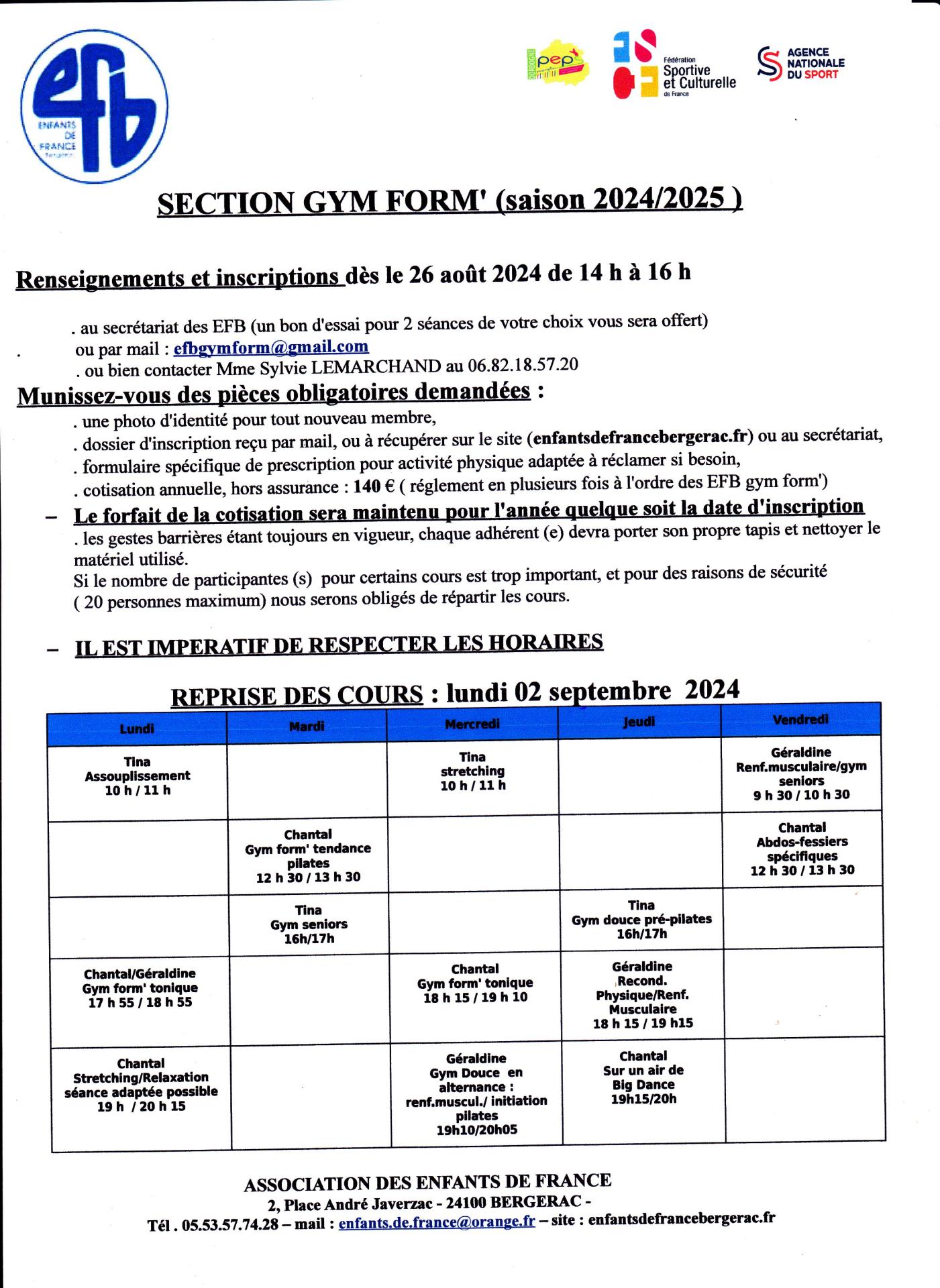 Gym form infos